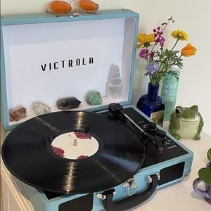 Light baby blue Victrola record player